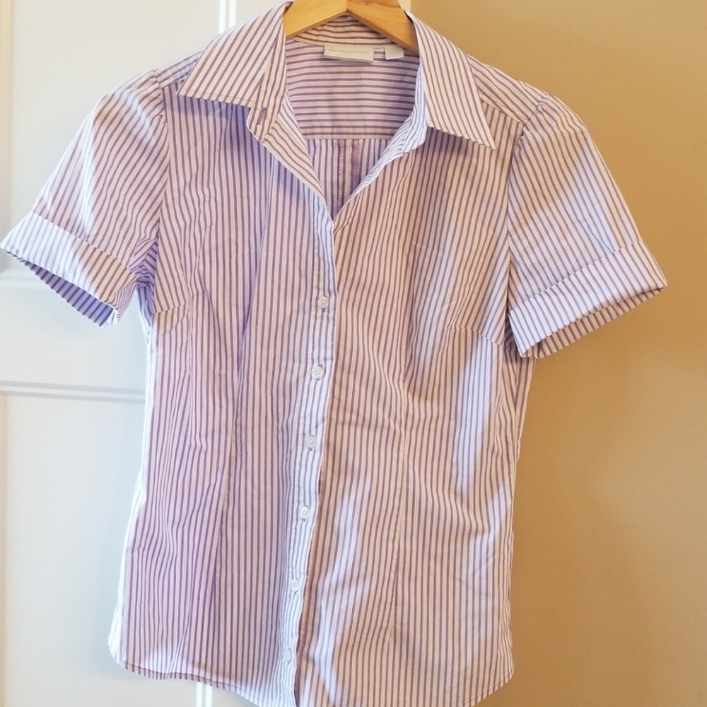 Lavender striped short sleeve buttoned blouse